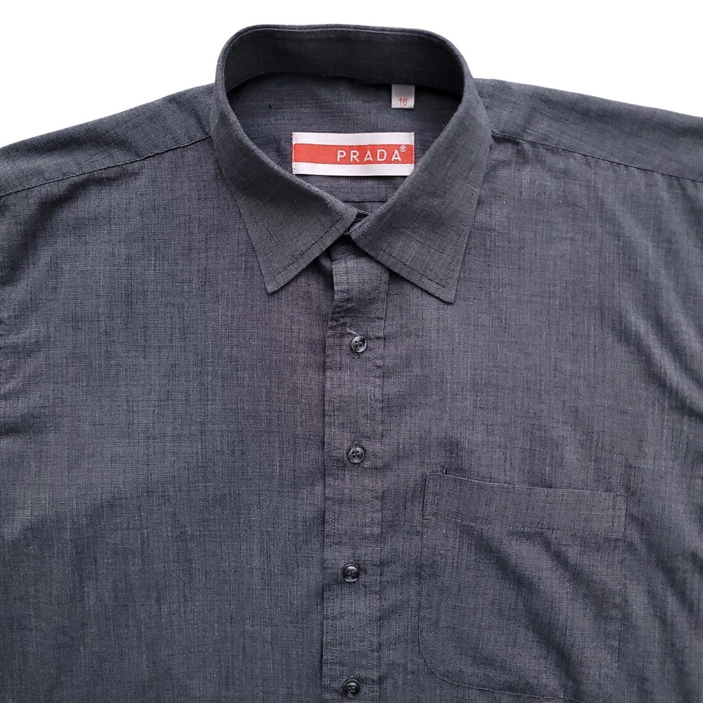 PRADA Dress Shirt Men 16 35 Gray Solid Designer Long Sleeve Button Up